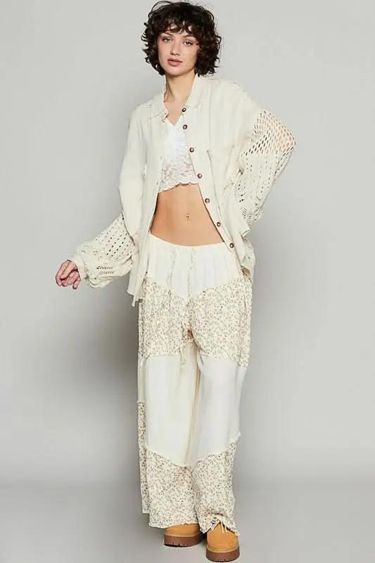 Gauzy Openwork Lantern Sleeve Button-Up Shirt - Love Salve